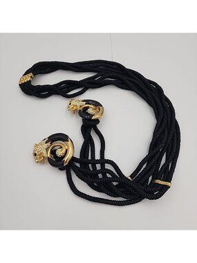 Vintage Round Rhinestone Lion Gold Buckle Black Rope Belt 56" In Length